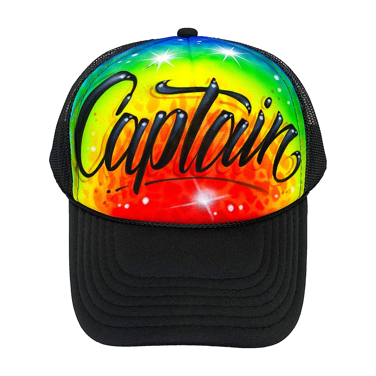 Airbrushed Multi color Script font Trucker Hat