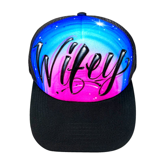 Airbrushed colorful Script font Trucker Hat