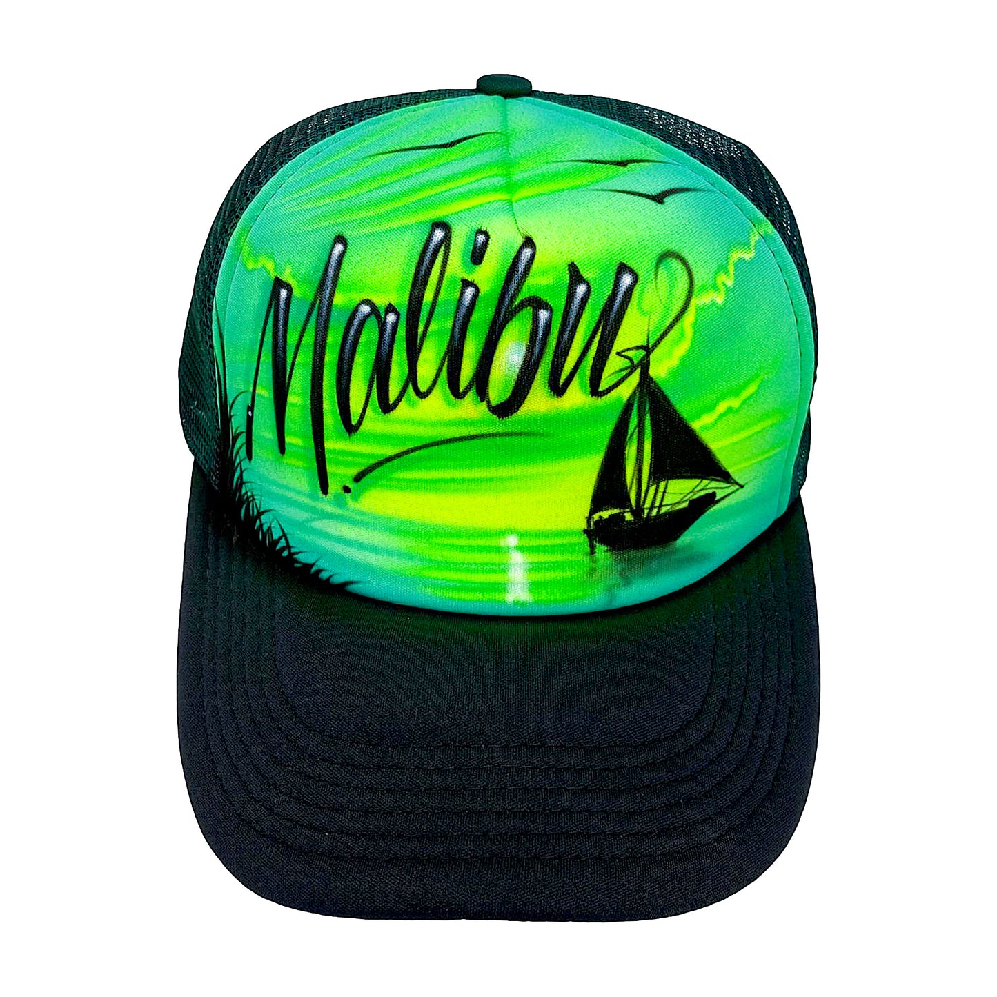 Airbrush Beach scene Sailboat Trucker hat