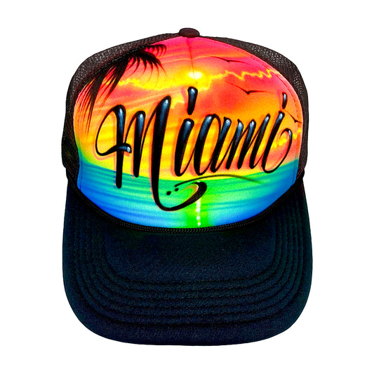 Airbrush Tropical sunset Beach scene Trucker hat